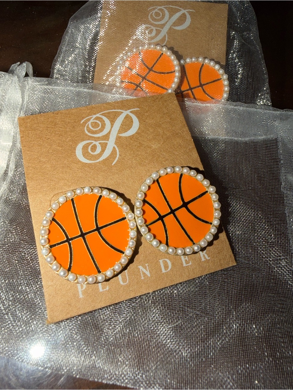 Plunder Orange Basketball Pearl-Trim Stud Earrings - perfect for bb moms! - Picture 1 of 3